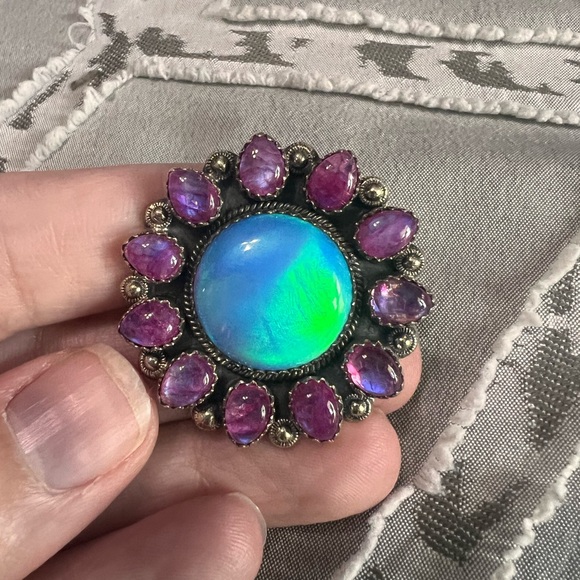 Jewelry - Sterling silver galaxy opal and pink moonstone cluster ring